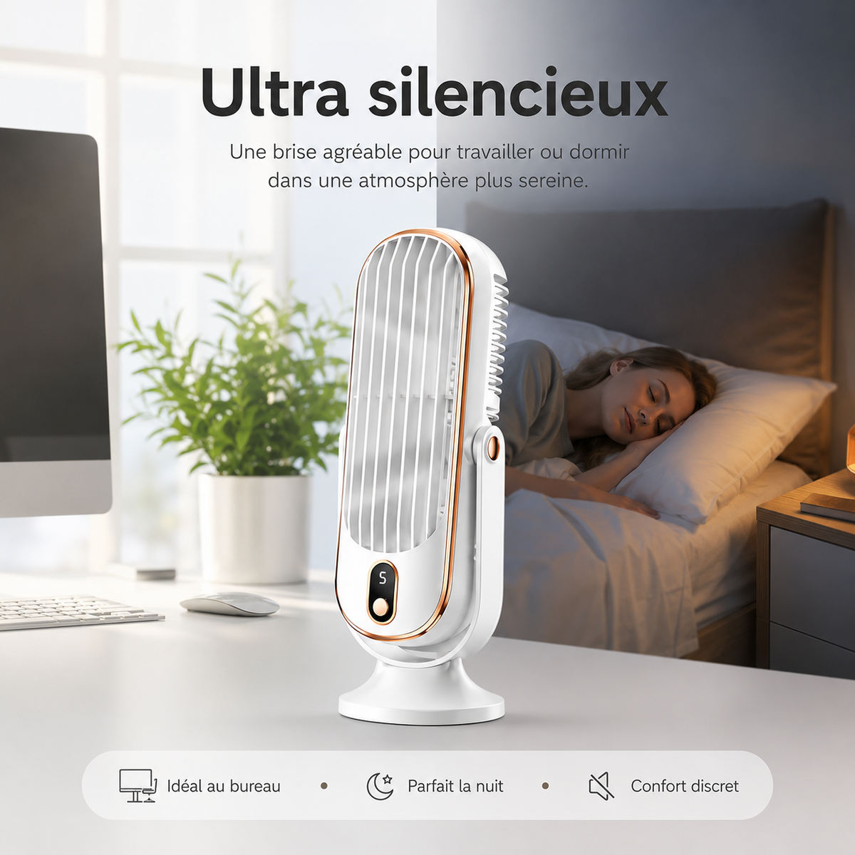 Dual Motor Desk Fan with 720° Rotation, 5 Speed Settings & USB Rechargeable Battery – Whisper-Quiet Personal Cooling Tower for Office | Thomler