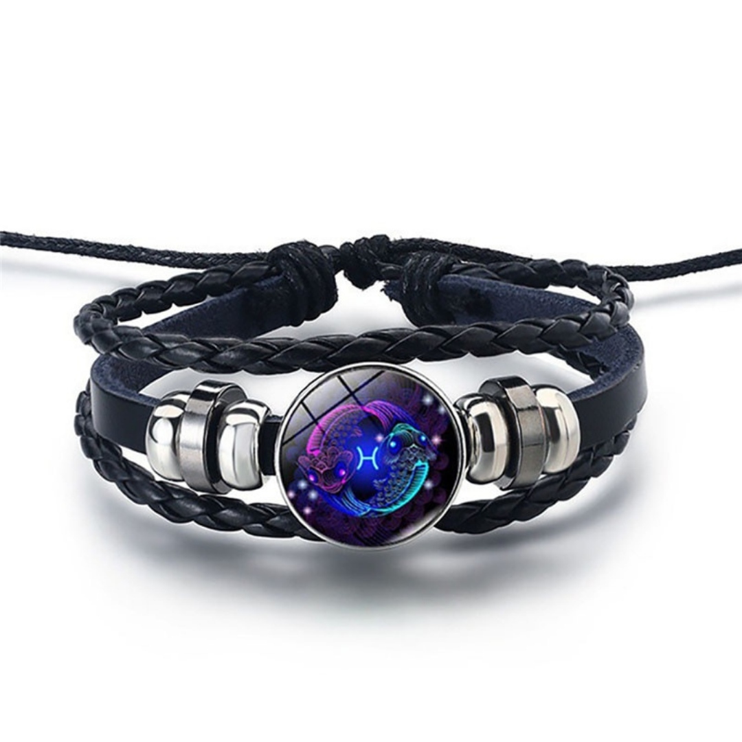Adjustable Leather Zodiac Bracelet with Blue Stone Charm for Men & Women | Classic Wrist Cuff with Astrology Symbol | Handcrafted Steel & | Thomler