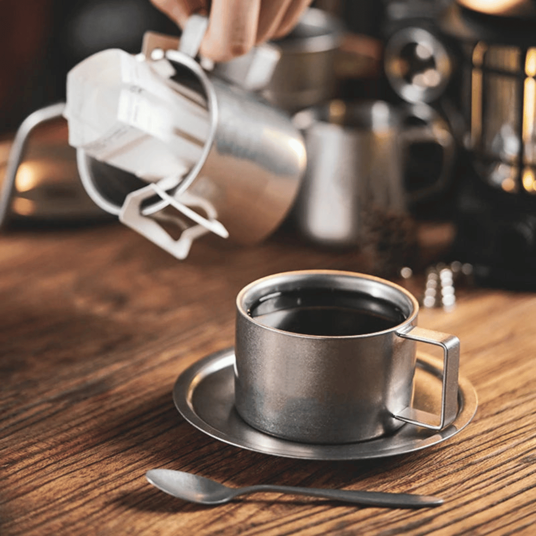 Stainless Steel Double-Wall Coffee Mug with Saucer & Spoon – Insulated Metal Espresso Cup for Hot Drinks, Kitchen Drinkware Set | Thomler
