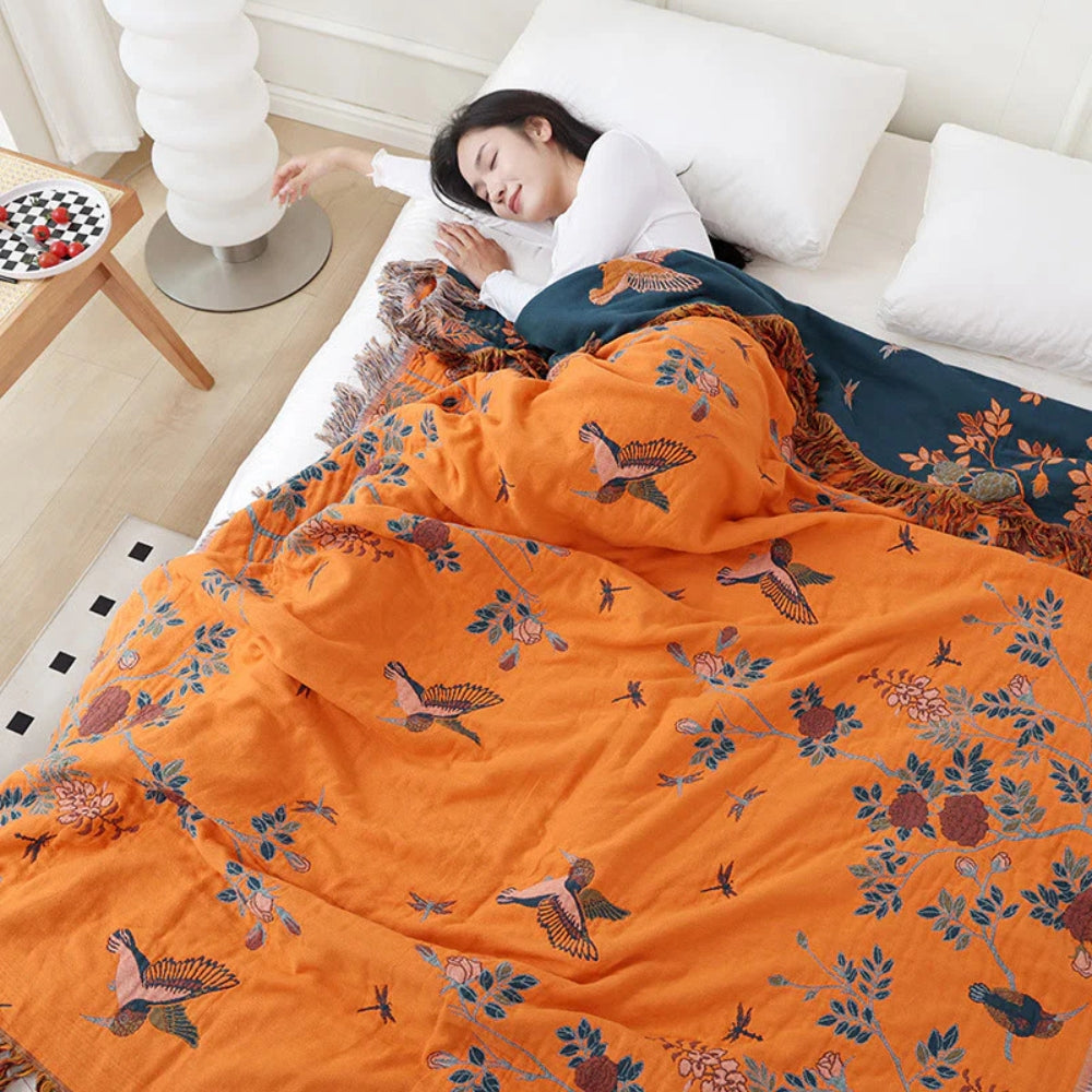 Layered Cotton Gauze Throw Blanket with Tassels – Jacquard Textured Woven Coverlet for Bed Couch Sofa Living Room Bedroom Decor | Thomler