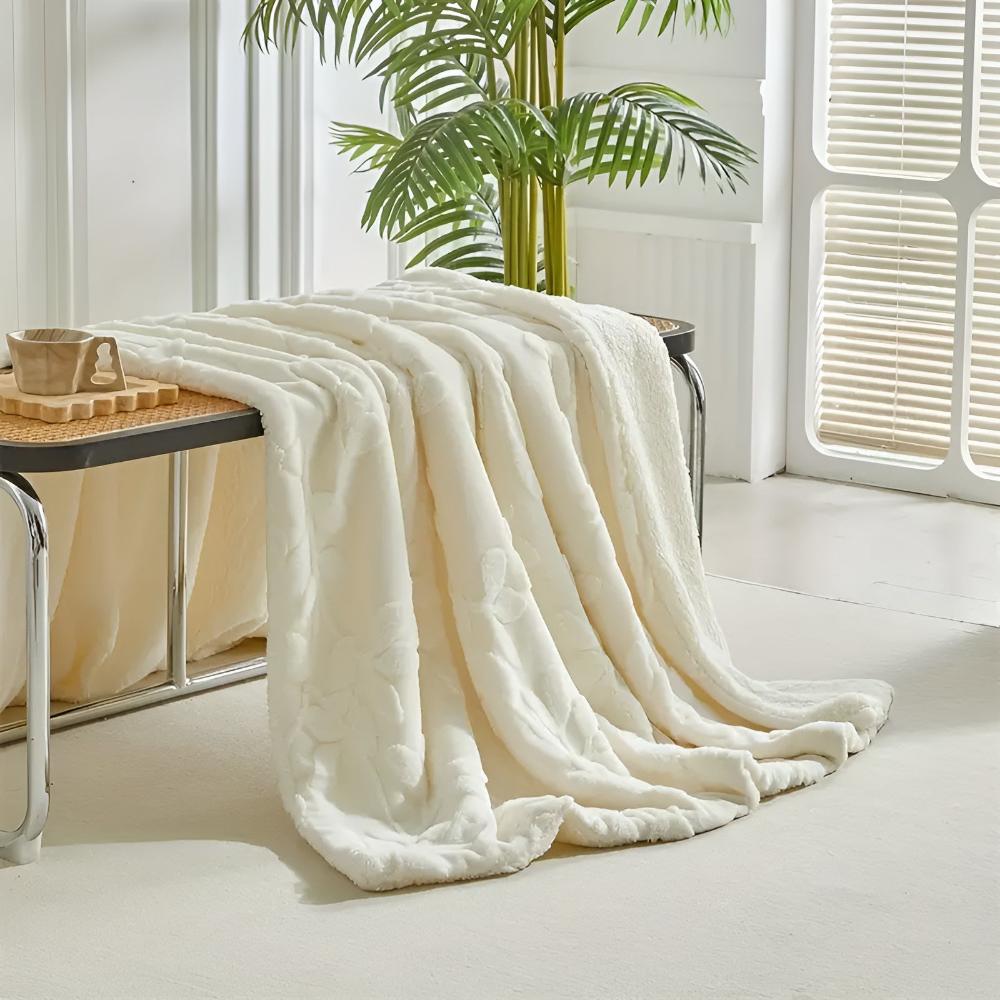 Reversible Sherpa Throw Blanket with Jacquard Botanical Pattern for Couch & Bed | Thomler
