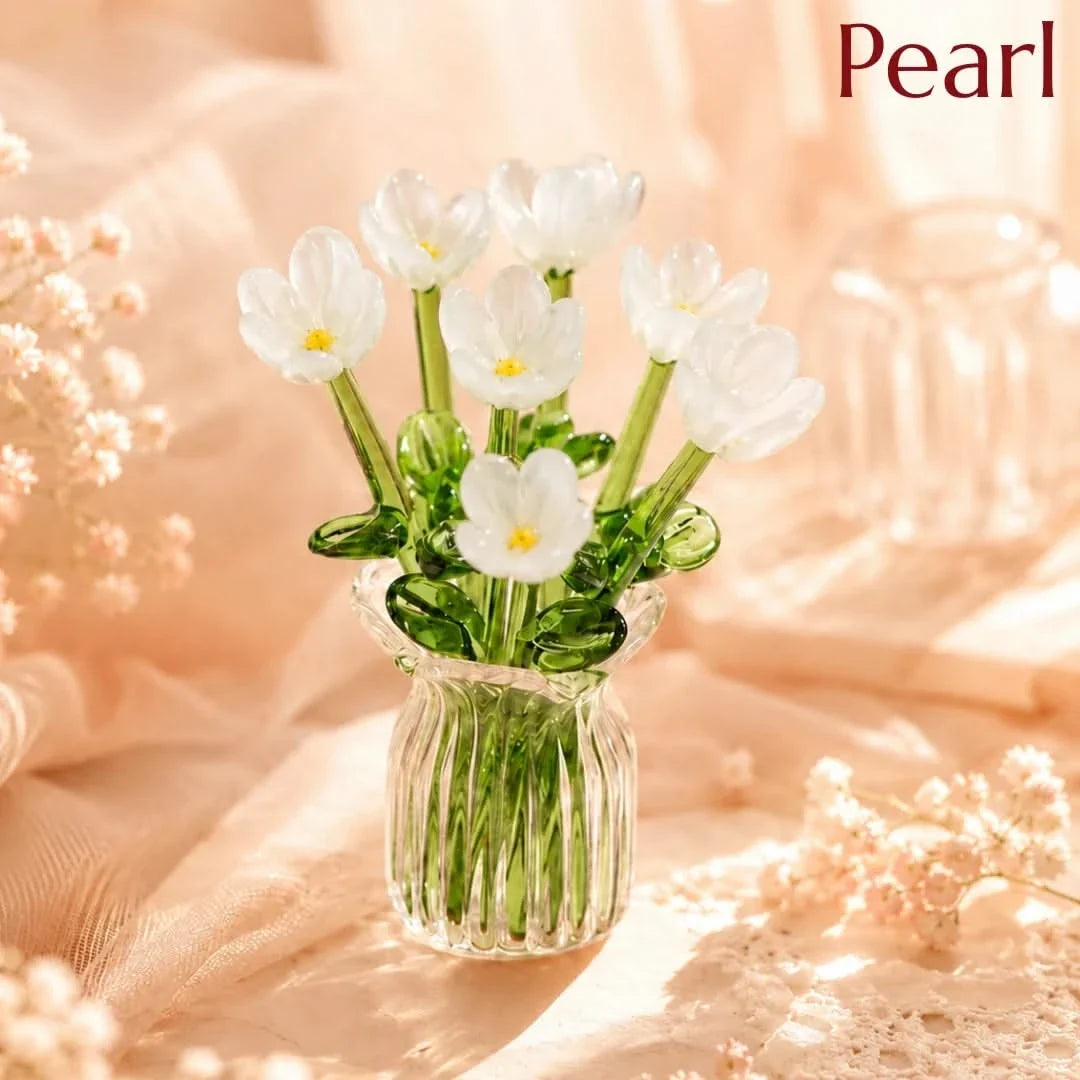 Handblown Glass Flower Display – 7-Bloom Arrangement with Mini Vase – Forever Florals for Shelves & Tabletops | Thomler