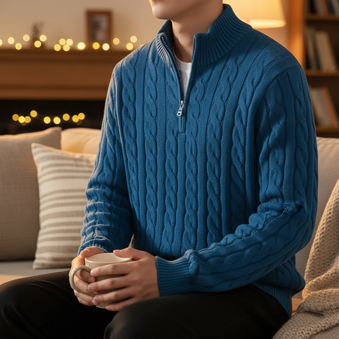 Cable-Knit Quarter-Zip Sweater for Men – 100% Cotton Stand-Collar Pullover for Fall & Winter | Thomler