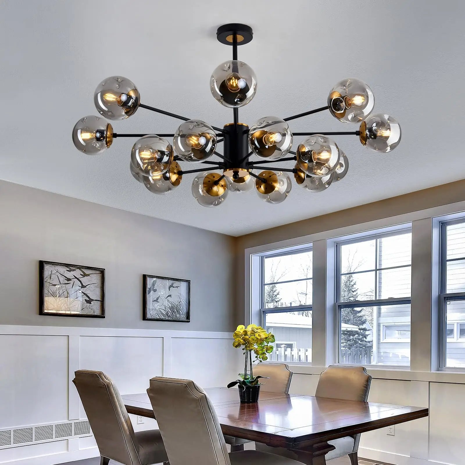 Pendant Light Glass Iron 100.0 cm Black Dining Room Living Room Scandinavian Chandelier Multi Globe Ceiling Light | Thomler