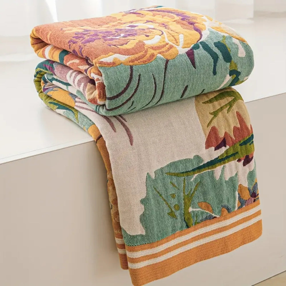 Reversible Cotton Throw Blanket with Jacquard Floral Pattern for Couch, Bed, Year-Round Comfort & Elegant Home Decor | Thomler