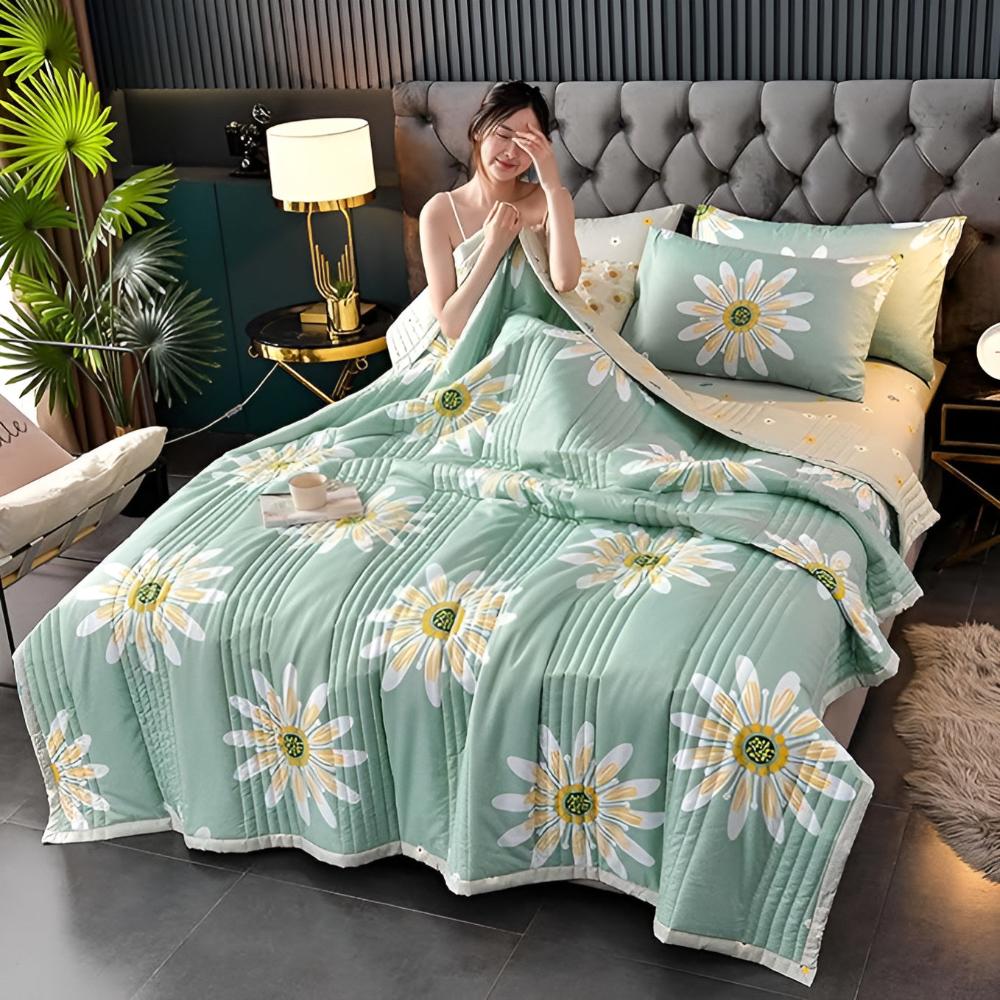 Reversible Floral Print Throw Blanket Soft Sherpa Fleece All-Season Bed Couch Cover Daisy Pattern Green Yellow | Thomler