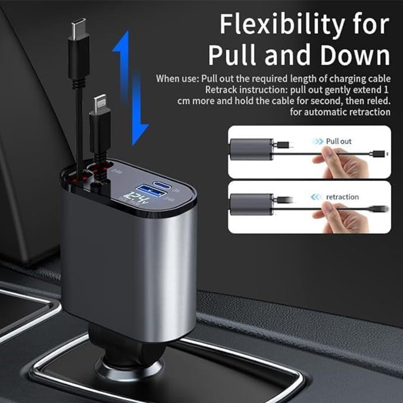 Retractable Car Charger with Dual Ports – Fast Charging Cable for iPhone & Android – 31 in Auto-Rewind USB Adapter | Thomler