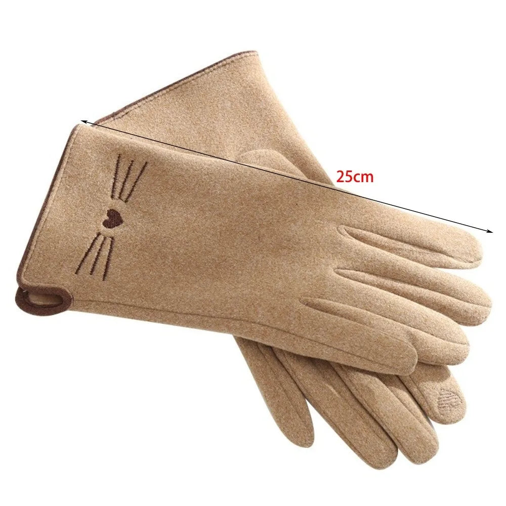 Stretchy Knit Touchscreen Gloves with Embroidered Kitten Detail for Women | Thomler