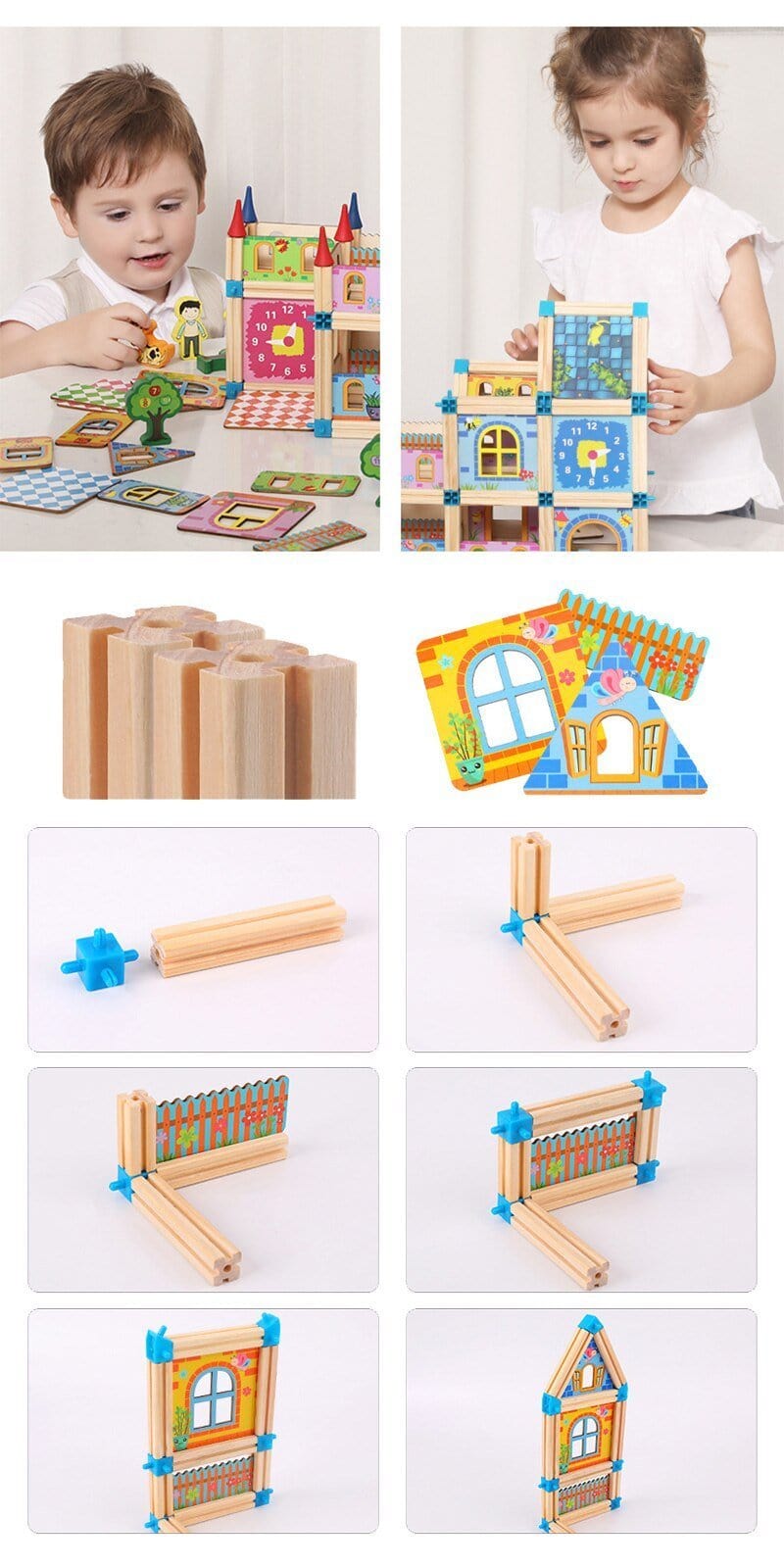 Wooden Modular Dollhouse Construction Set – Creative Building Activity for Kids Age 2+ with Architectural Pieces, Doors & Windows | Thomler