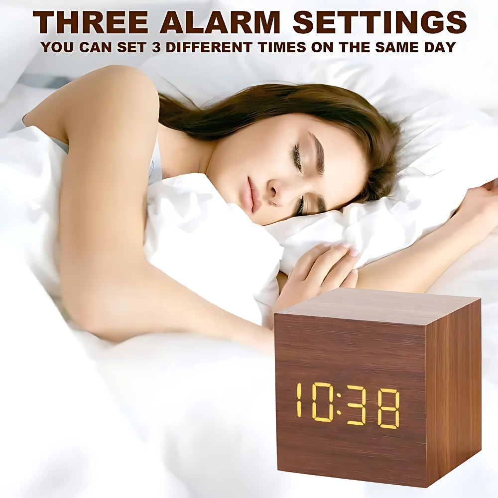 Wooden LED Cube Alarm Clock with Temperature Display and USB Power for Bedroom Nightstand Desk Office | Thomler