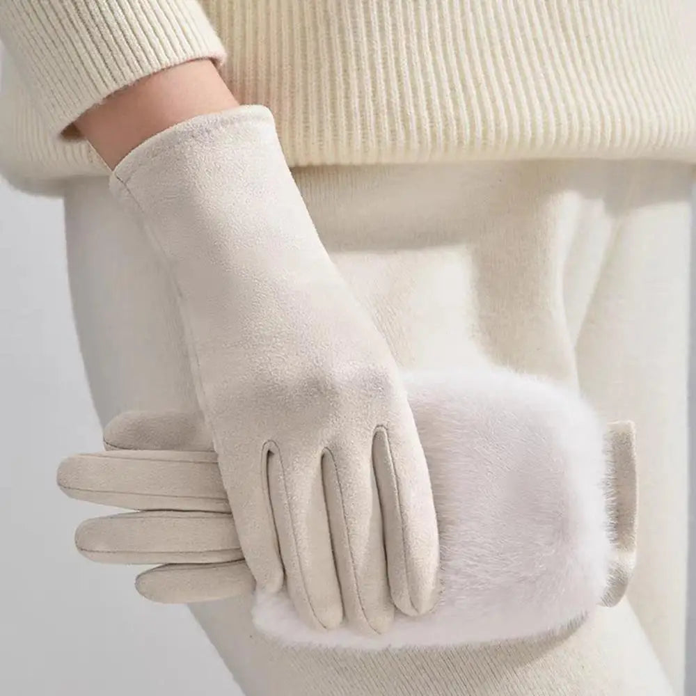 Faux-Suede Winter Gloves with Real Rabbit Fur Cuff for Men & Women – Touchscreen Fingertips, Windproof Lining – Warm Cold-Weather Handwear | Thomler