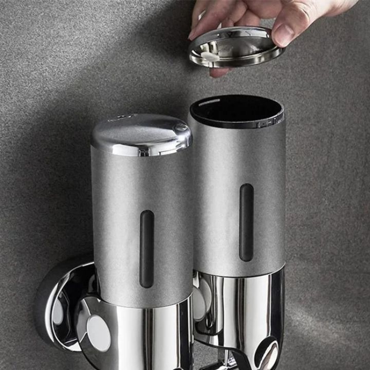 Wall Mount Soap Dispenser with Push Pump - Stainless Steel Liquid Holder for Shampoo, Lotion & Hand Wash in Bathroom, Kitchen, Shower | Thomler