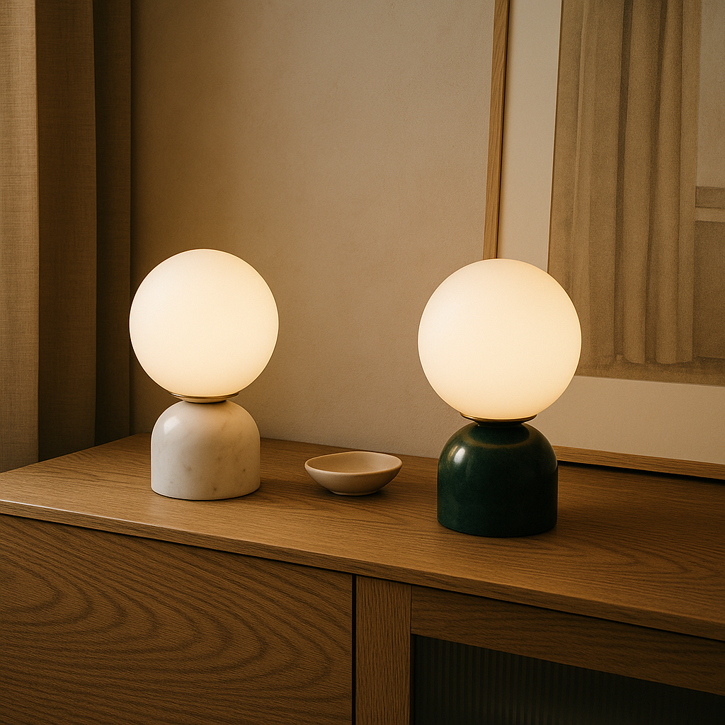 Table Lamp Marble Base Frosted Glass Ø15.0 cm H9.0 cm Warm Light Bedroom Living Room Nightstand Mood Lighting | Thomler