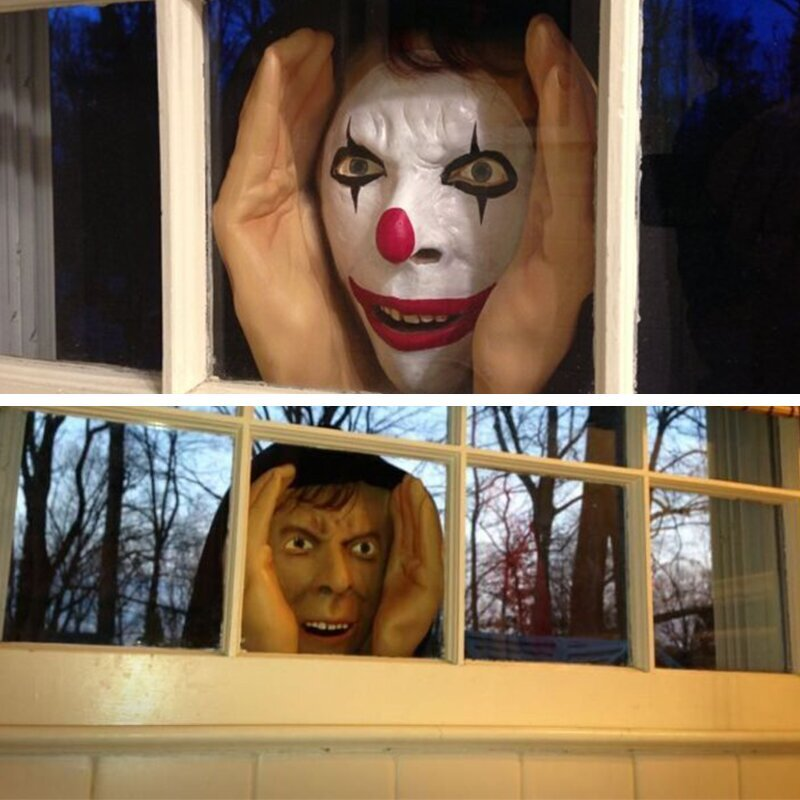 Eerie Hooded Face Window Cling with Cupped Hands – Life-Size Peeping Stranger Prop for Halloween Pranks & Home Scares | Thomler