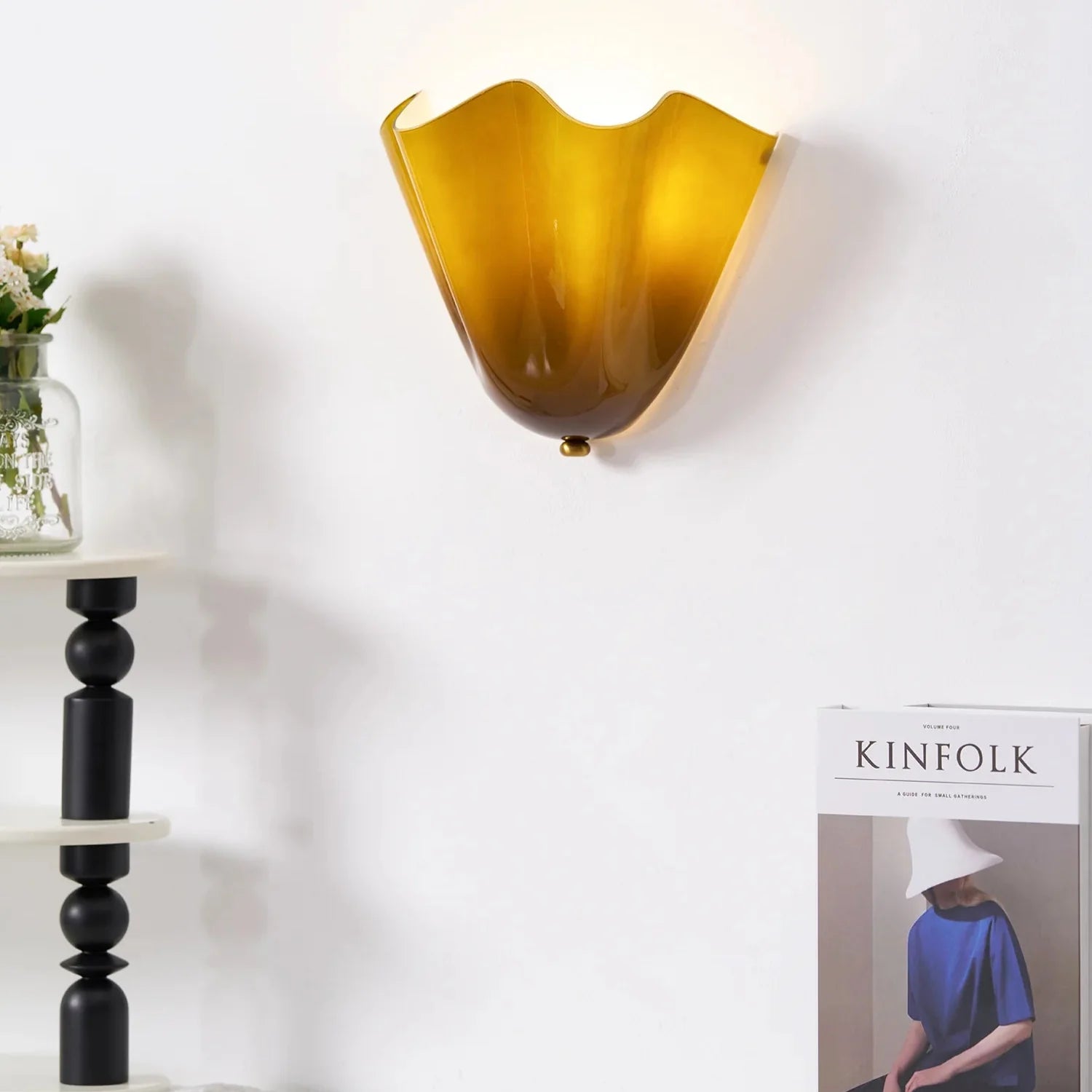Shell-Inspired Glass Sconce 11 Inch Wide Vintage Iron Bedside Fixture Warm Ambient Hallway Lighting E14 Base Brown Green Beige Tinted Shade | Thomler