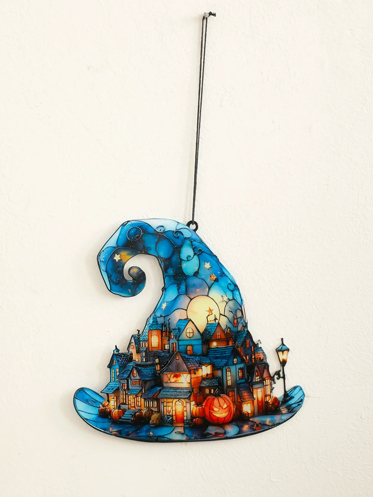 Acrylic Hanging Window Ornament – Spooky Season Silhouette with Pointed Hat and Village Scene for Halloween Home Accents | Thomler