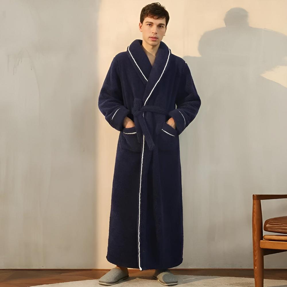 Plush Coral Fleece Bathrobe with Shawl Collar & Pockets – Unisex Lounge Robe for Year-Round Wear | Thomler