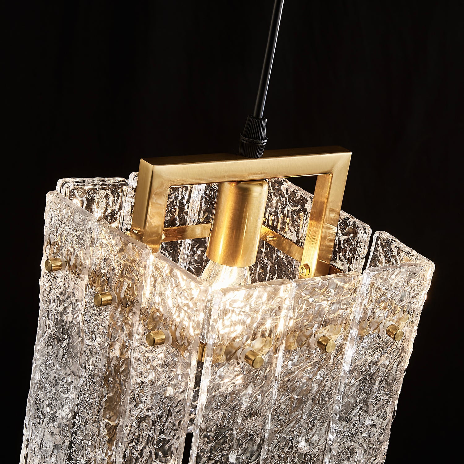 Square Cage Pendant Light Fixture with Textured Glass Shade & Gold Frame for Dining Room, Kitchen Island, Bedroom | Thomler