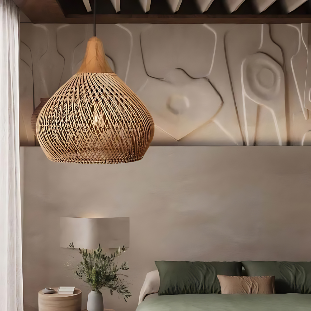 Pendant Light Rattan 19.7 in Handwoven Natural Dining Room Kitchen Island Hanging Ceiling Lamp Boho Rustic Organic | Thomler