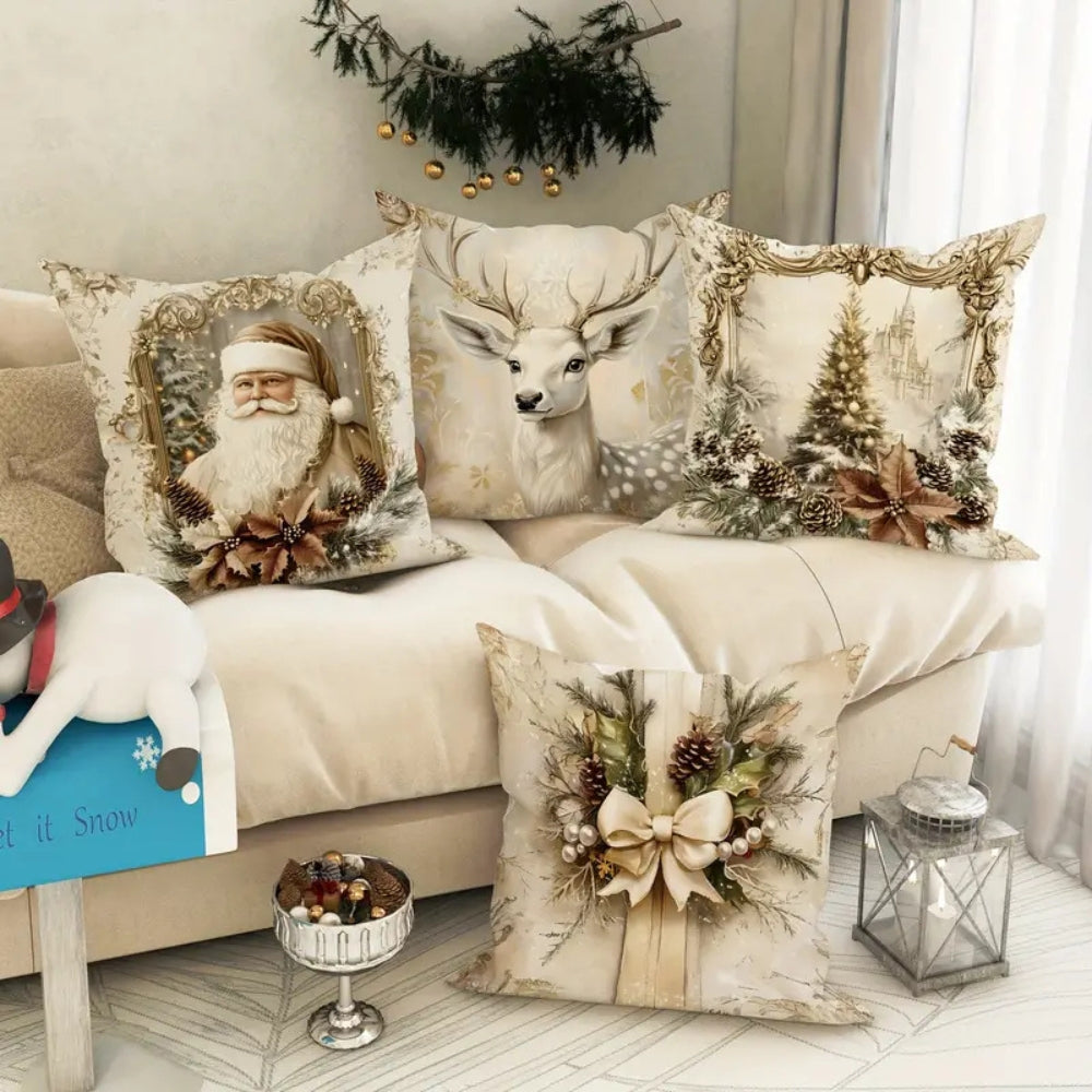 Holiday Throw Pillow Covers Set | Festive Velvet Decorative Cases with Santa, Reindeer & Tree Designs | 18x18 Inch Soft Zippered Cushion | Thomler