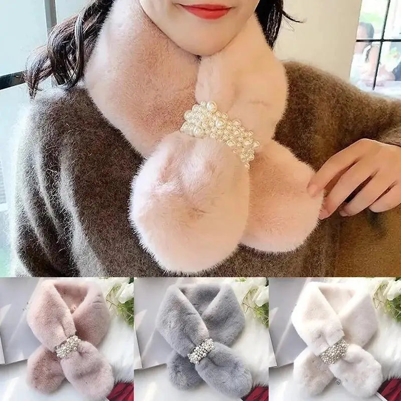 Embellished Faux-Fur Crossover Neckwarmer for Women – Cold-Weather Accessory with Decorative Bead Detail | Thomler