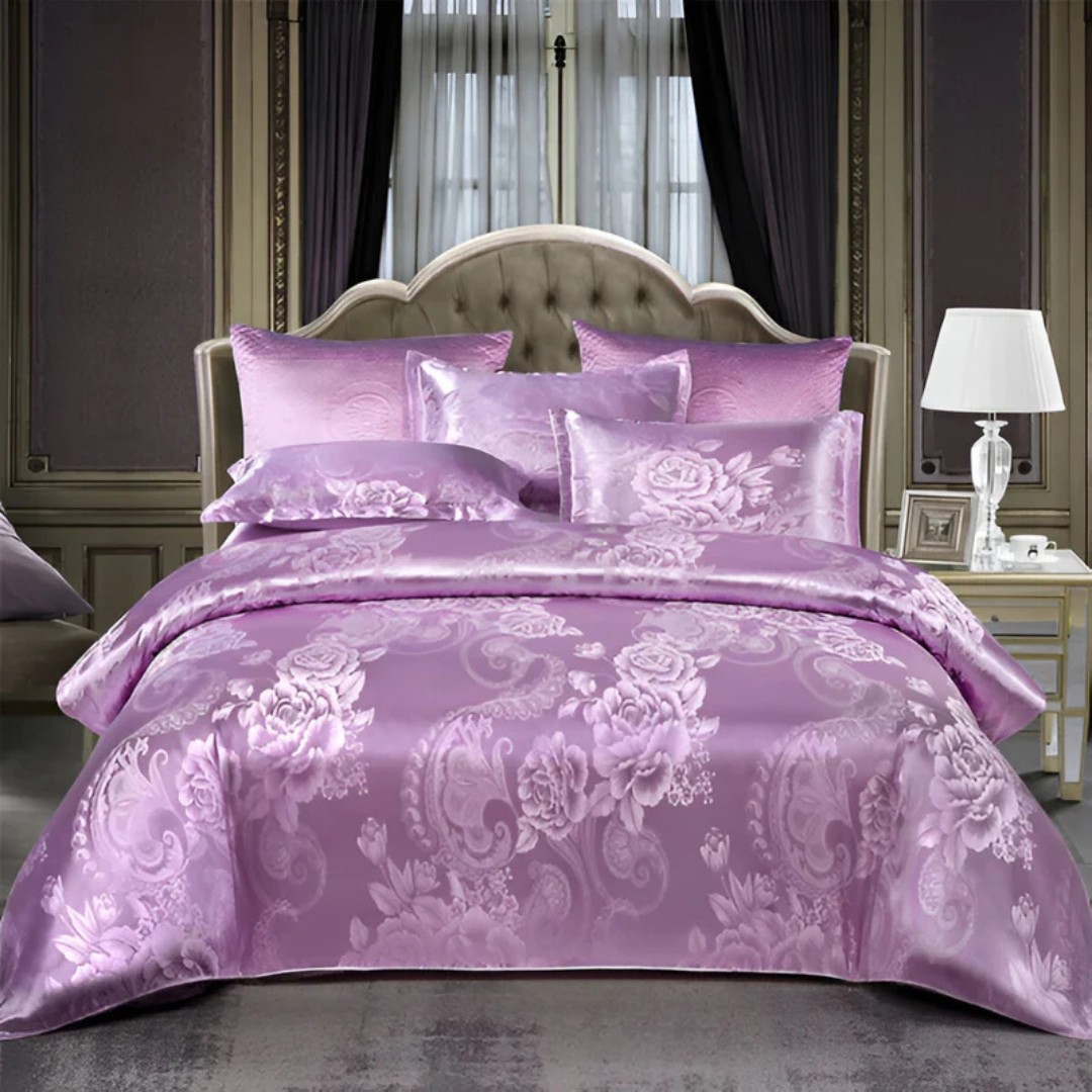 Floral Jacquard Duvet Cover Set Silky Satin Bedding 3-Piece with Pillowcases All Season Breathable Comforter Cover for Bedroom Décor | Thomler