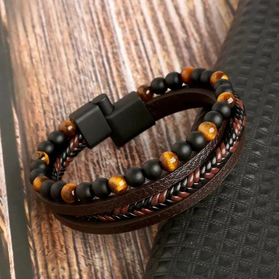 Men's Multi-Strand Magnetic Bracelet – Braided Leather & Beaded Layers for Everyday Style | Thomler