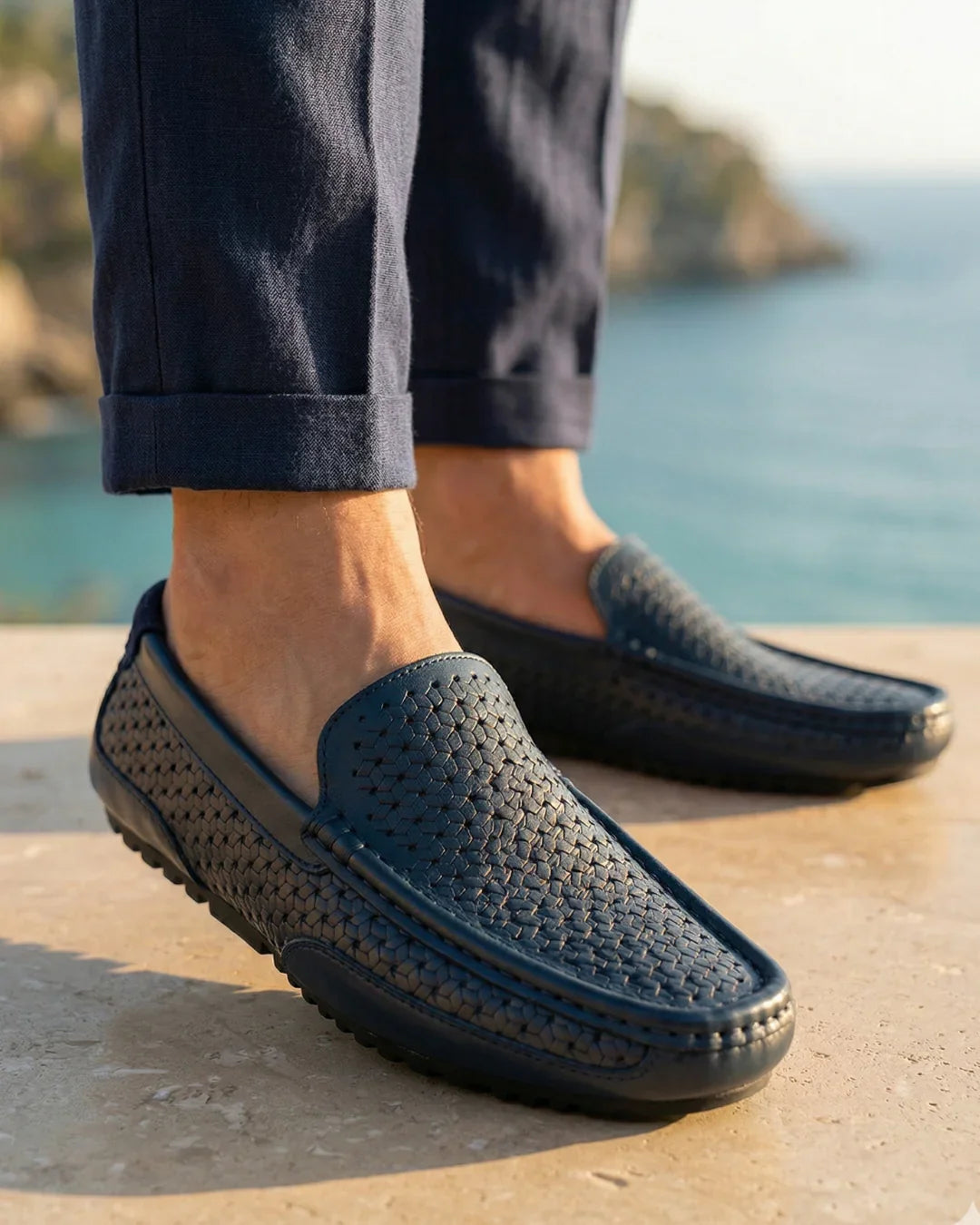Handwoven Leather Slip-On Shoes with Cushioned Footbed & Rubber Sole for Men – Casual Summer Driving Moccasins, Breathable Comfort for | Thomler