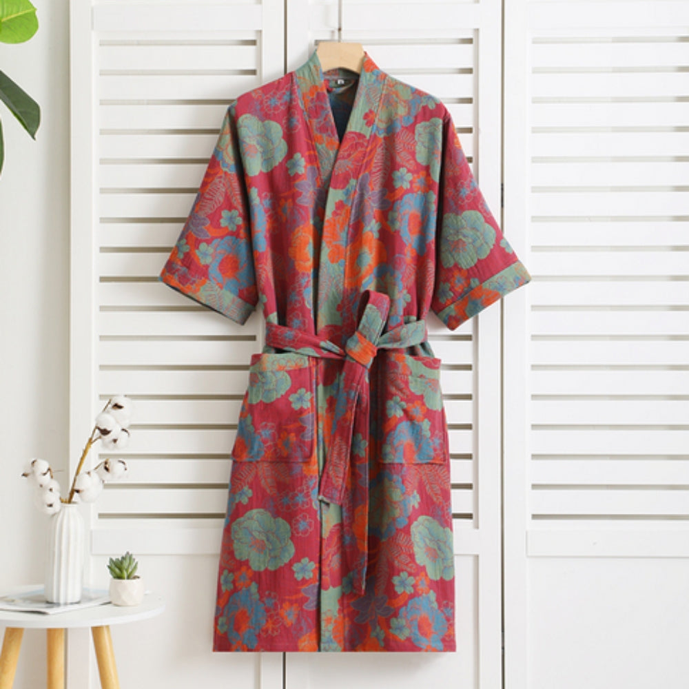 Cotton Gauze Robe with Vintage Print – Lightweight Breathable Loungewear for Women | Soft Double-Layer Spa Robe for Home Relaxation | Thomler