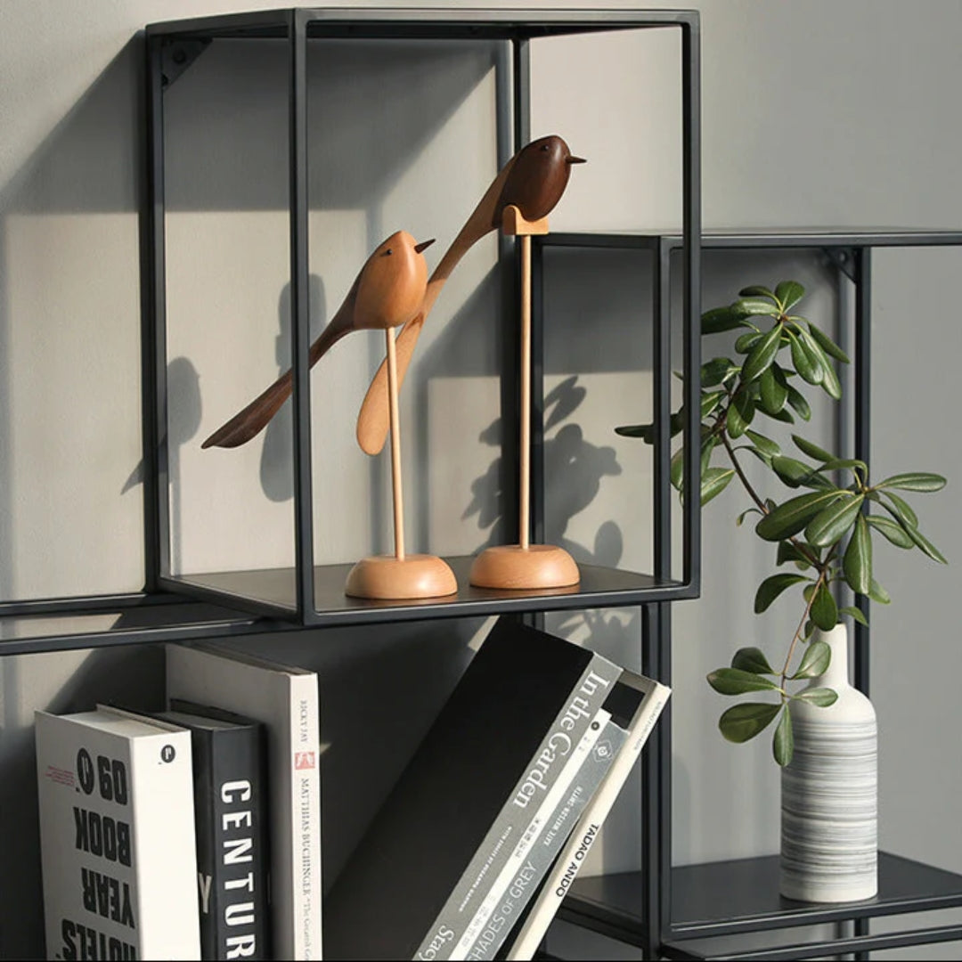 Handcrafted Wooden Bird Sculptures Set of 2 Decorative Figurines Modern Redwood Accent Pieces for Living Room Bedroom Office Mantel | Thomler