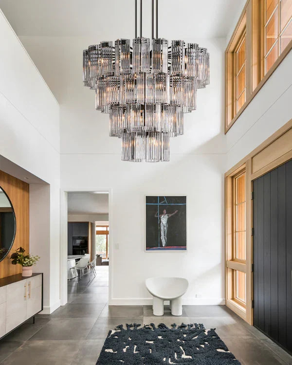 Circular Glass Panel Statement Chandelier 38-60 Inch Multi-Light Fixture for Dining Room Foyer High Ceiling Steel Frame Hanging Light | Thomler