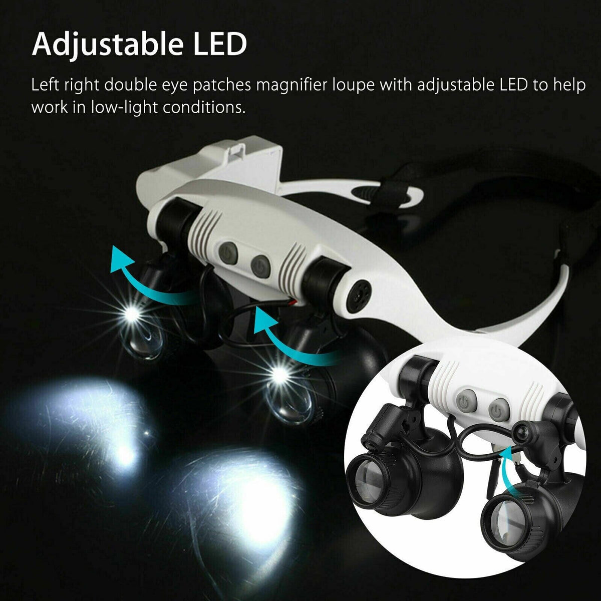 Headband Magnifying Visor with LED Light – 4 Interchangeable Lenses for Close-Up Work, Jewelry Repair, Crafts & Electronics | Thomler
