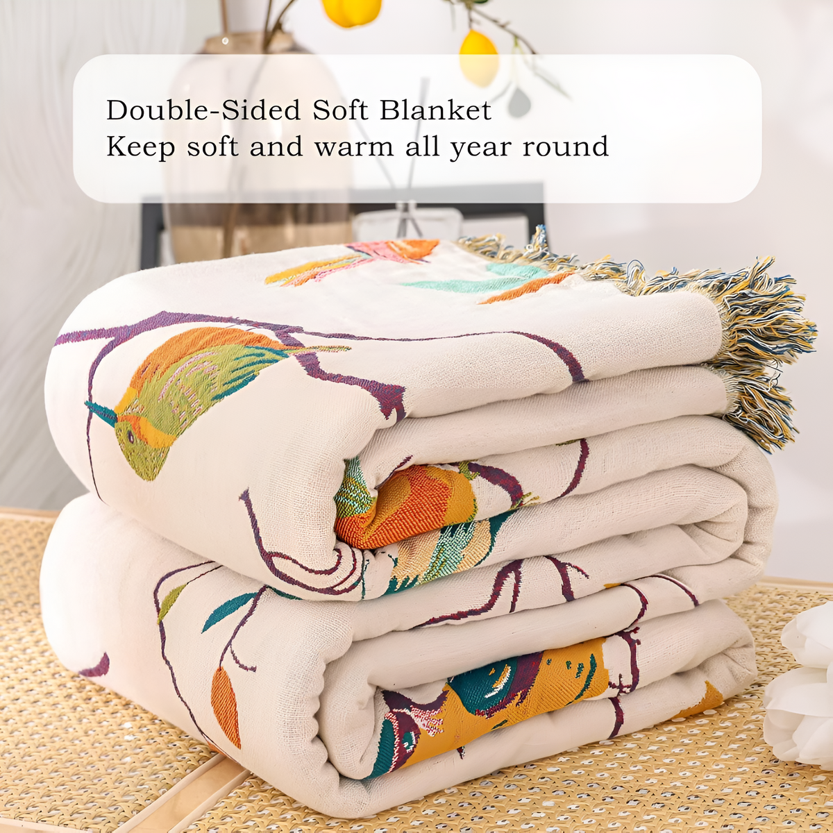 Woven Cotton Throw Blanket with Fringe Tassels & Avian Motif – Breathable, Lightweight Bed or Couch Cover for Boho Living Room, Guest | Thomler