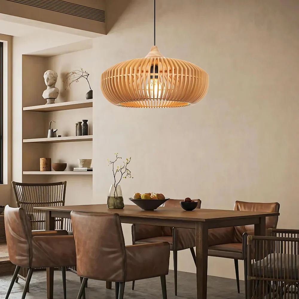 Pendant Light Wood 16.9 in Japandi Natural Dining Room Kitchen Island Hanging Ceiling Lamp Minimalist Scandinavian Modern | Thomler