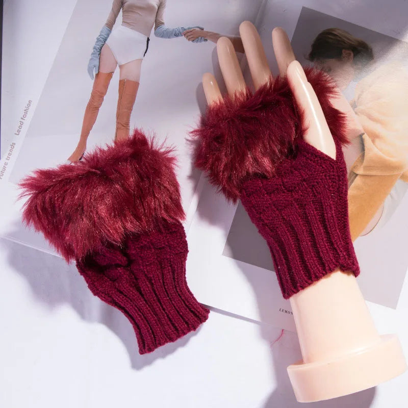 Soft Knit Fingerless Hand Warmers with Plush Faux Rabbit Fur Trim for Women – Stretchy Half-Finger Mittens for Texting & Typing in Cold | Thomler