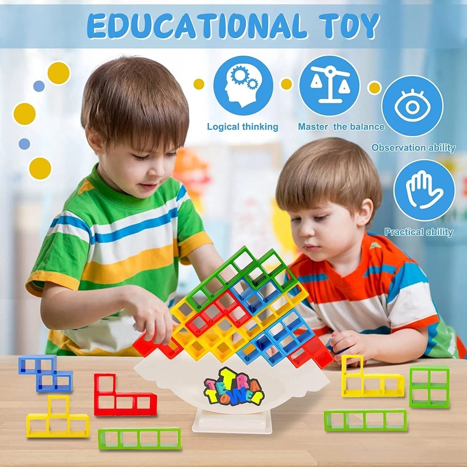 Stacking Block Balance Game with Tetris-Style Pieces for Family Game Night, Party Entertainment & Skill Building | Thomler