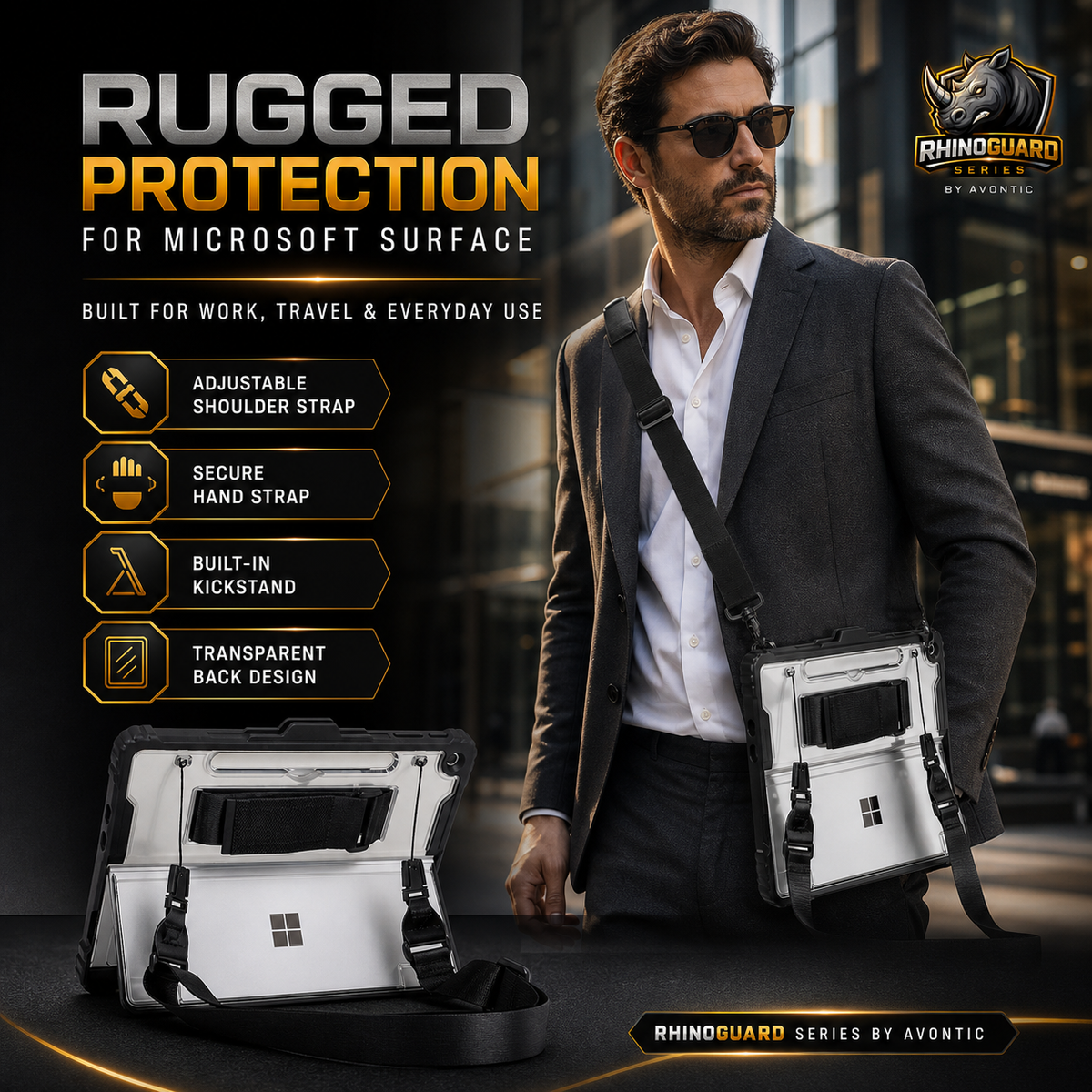 Rugged Protective Case for Microsoft Surface Pro & Go — Fitted Shell with Optional Shoulder Strap | Thomler