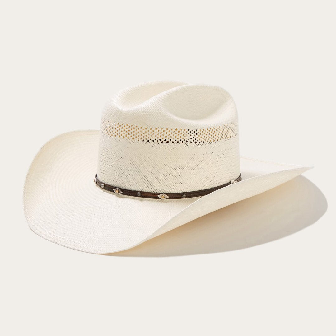 Woven Straw Western Hat Breathable Cowboy Crown Leather Band Silver Gold Accents 4.25" Brim for Summer Rodeo Ranch Outdoor Festivals | Thomler