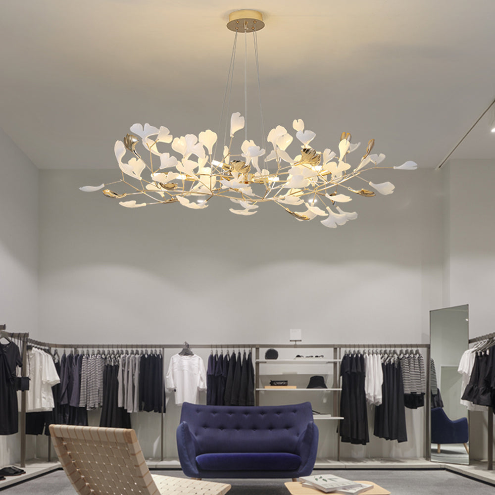 Ceramic Leaf Cluster Pendant Light with Adjustable Cord – Gold Metal Frame Multi-Bulb Chandelier for Dining Room, Living Room & Bedroom | Thomler