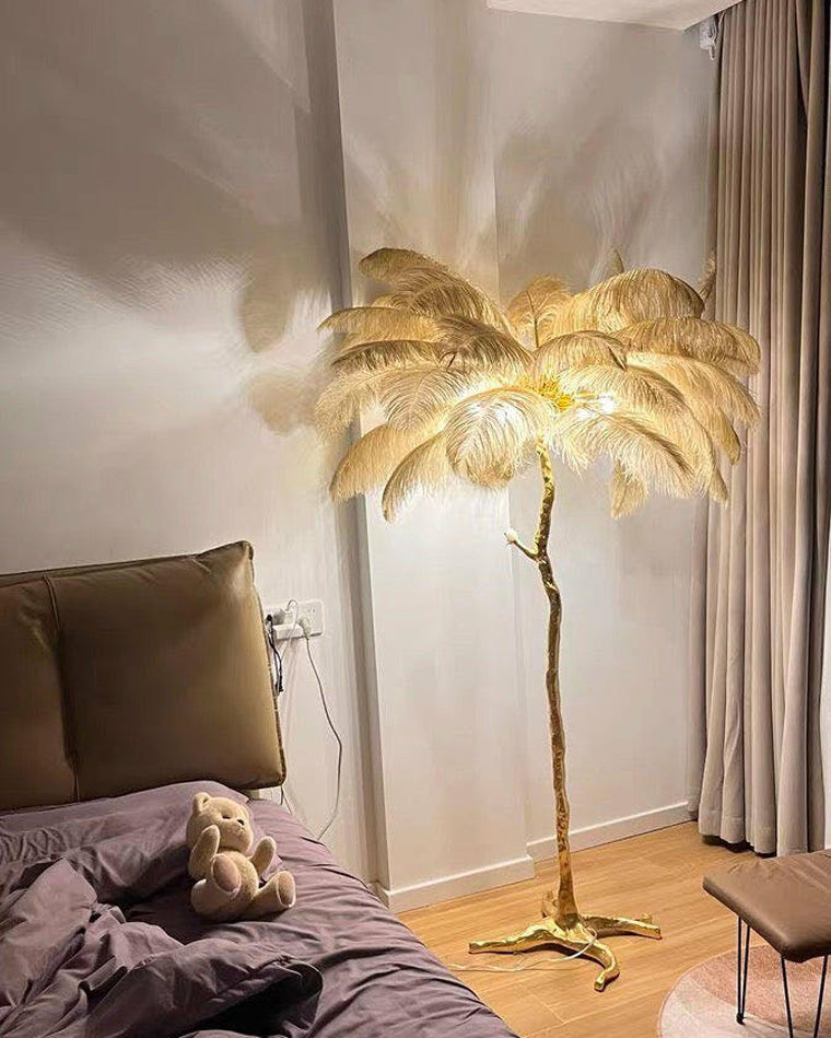 Floor Lamp Feather Shade 160.0 cm White Living Room Bedroom Palm Tree Standing Light Tropical Ambient Lighting | Thomler