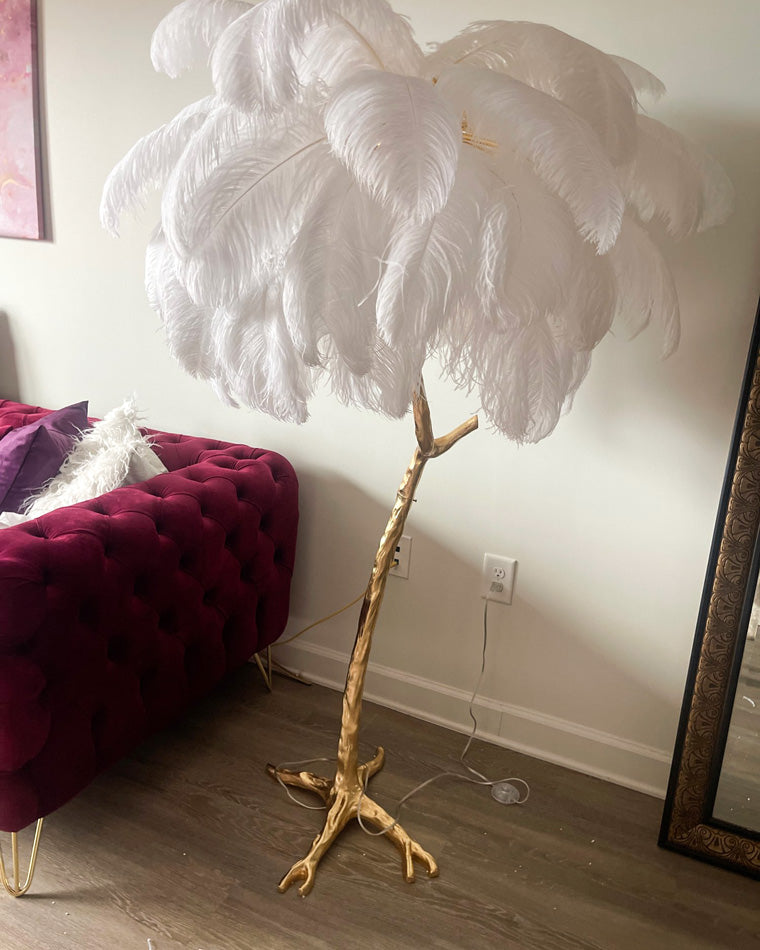 Floor Lamp Feather Shade 160.0 cm White Living Room Bedroom Palm Tree Standing Light Tropical Ambient Lighting | Thomler