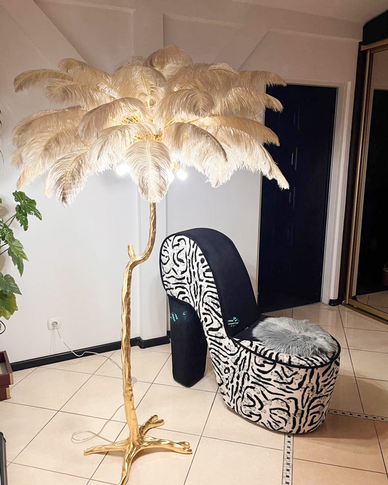 Floor Lamp Feather Shade 160.0 cm White Living Room Bedroom Palm Tree Standing Light Tropical Ambient Lighting | Thomler