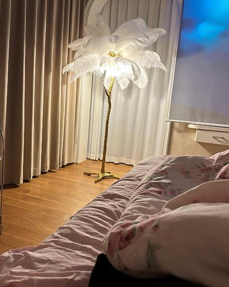 Floor Lamp Feather Shade 160.0 cm White Living Room Bedroom Palm Tree Standing Light Tropical Ambient Lighting | Thomler
