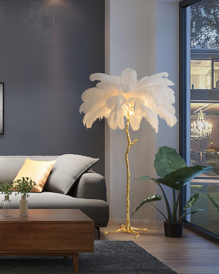 Floor Lamp Feather Shade 160.0 cm White Living Room Bedroom Palm Tree Standing Light Tropical Ambient Lighting | Thomler