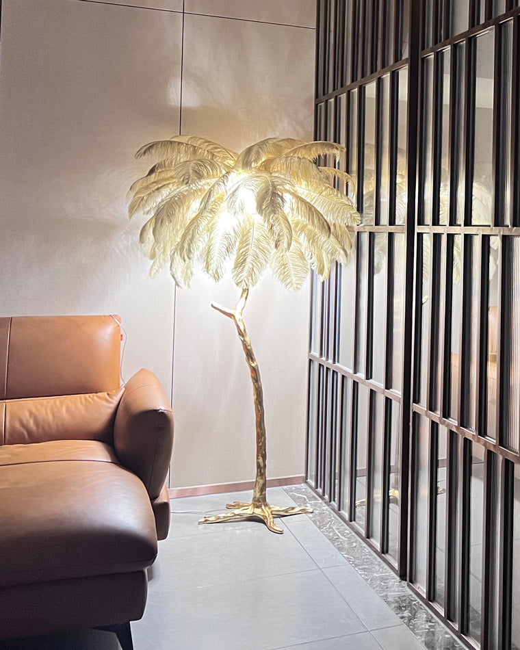 Floor Lamp Feather Shade 160.0 cm White Living Room Bedroom Palm Tree Standing Light Tropical Ambient Lighting | Thomler