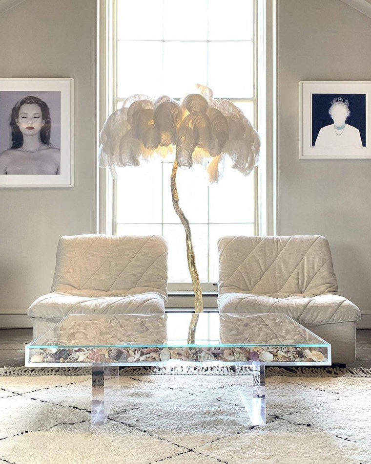 Floor Lamp Feather Shade 160.0 cm White Living Room Bedroom Palm Tree Standing Light Tropical Ambient Lighting | Thomler