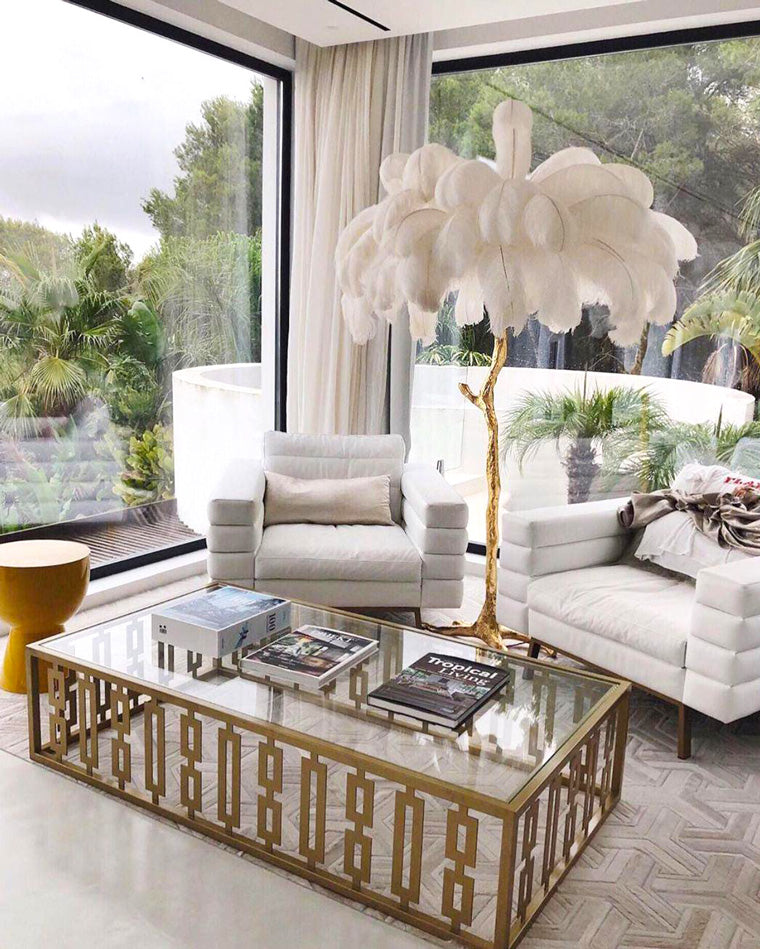 Floor Lamp Feather Shade 160.0 cm White Living Room Bedroom Palm Tree Standing Light Tropical Ambient Lighting | Thomler