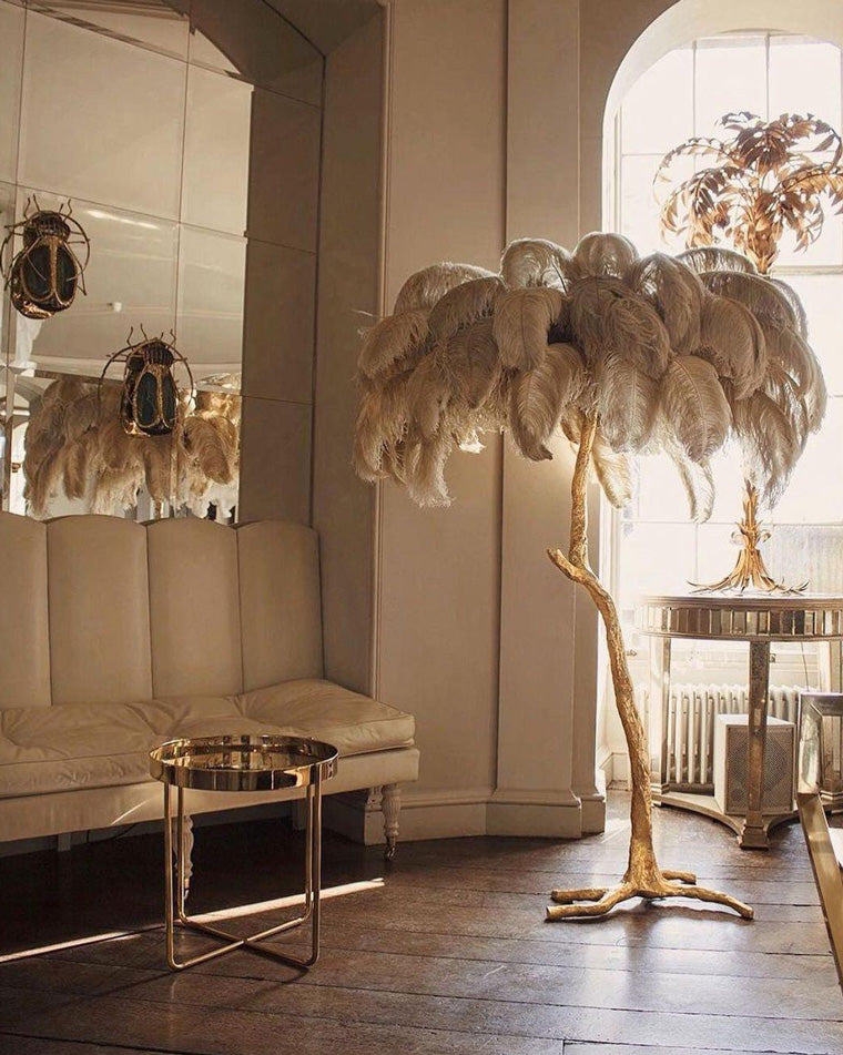 Floor Lamp Feather Shade 160.0 cm White Living Room Bedroom Palm Tree Standing Light Tropical Ambient Lighting | Thomler