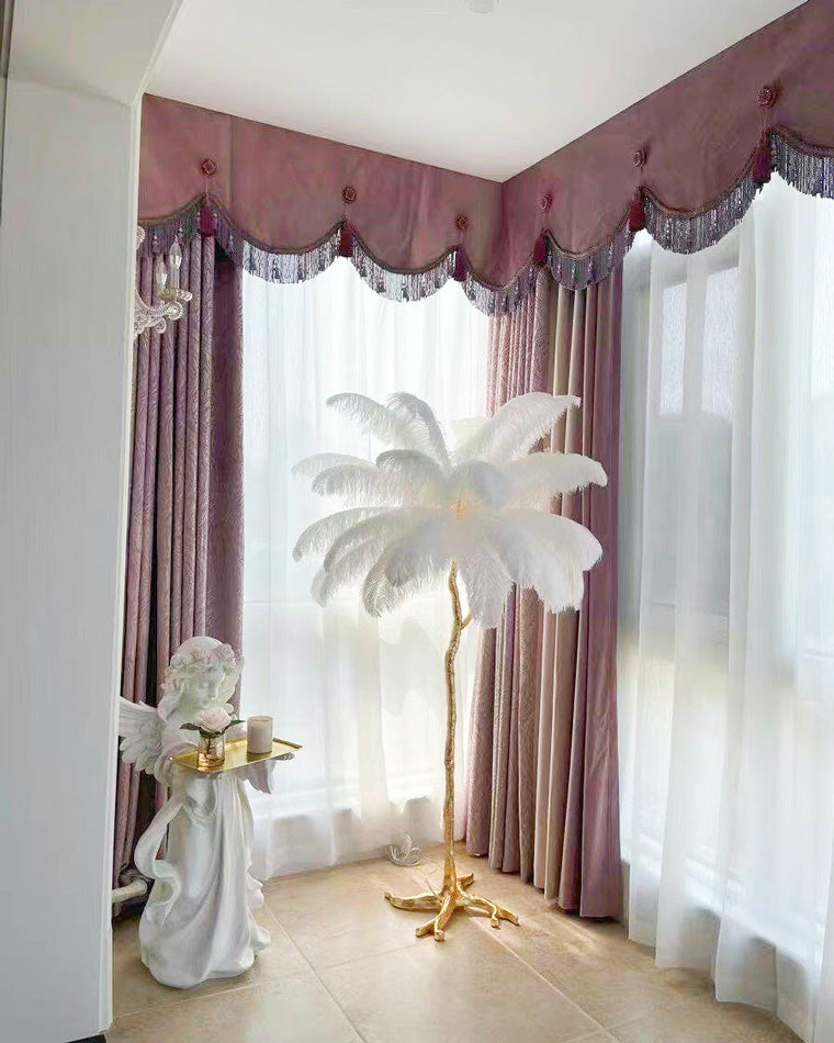 Floor Lamp Feather Shade 160.0 cm White Living Room Bedroom Palm Tree Standing Light Tropical Ambient Lighting | Thomler