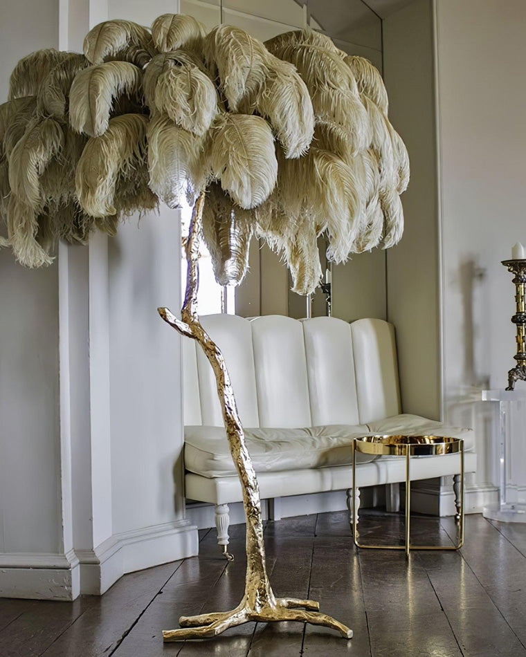 Floor Lamp Feather Shade 160.0 cm White Living Room Bedroom Palm Tree Standing Light Tropical Ambient Lighting | Thomler